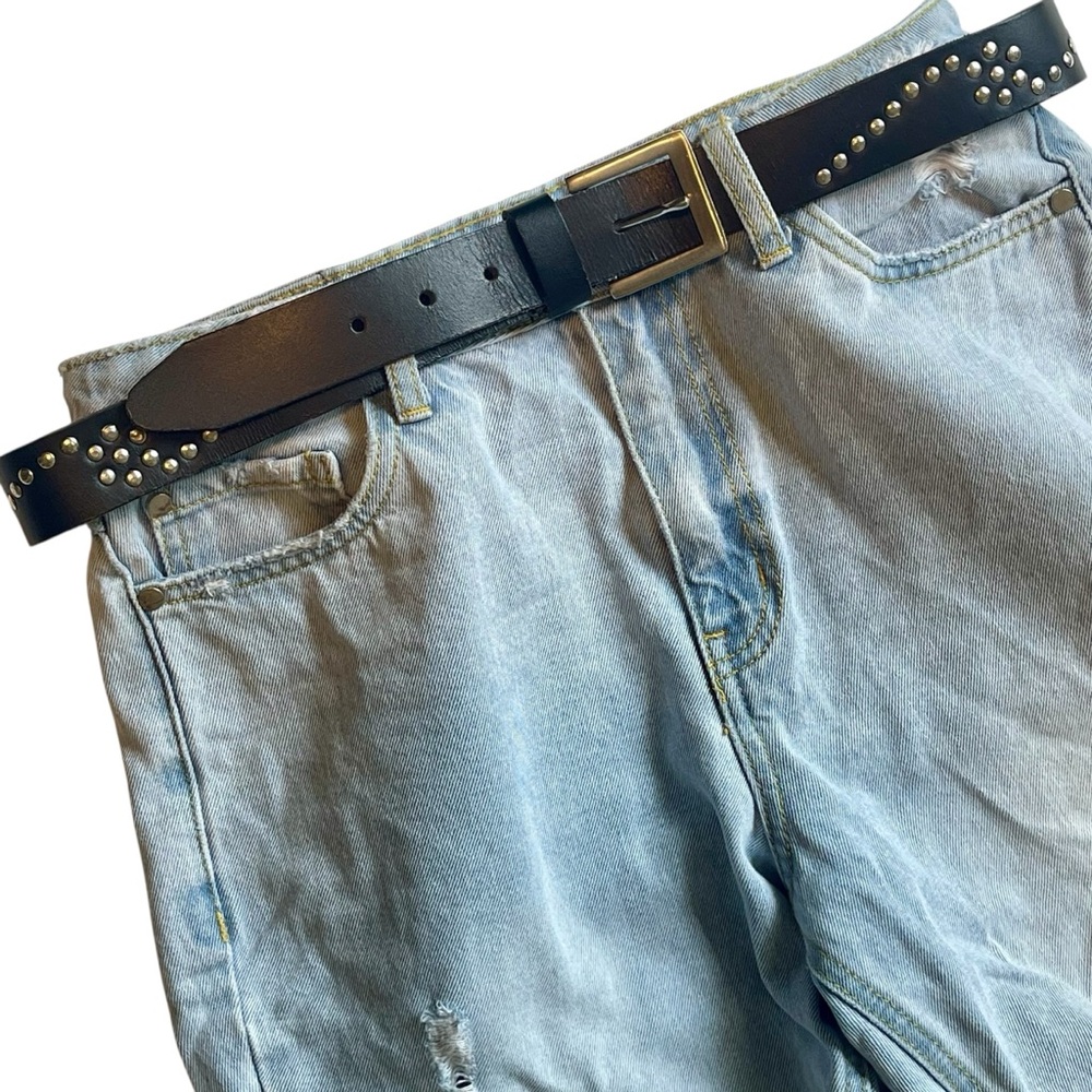 Black Studded Leather Belt Square Buckle Skinny Unisex Size L